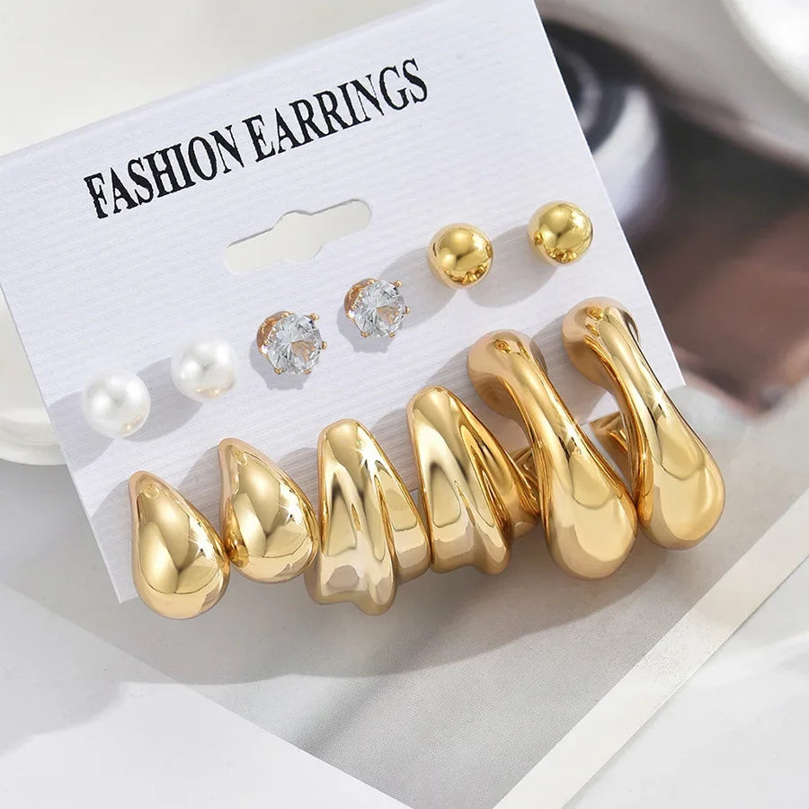 6Pcs Vintage Classic Geometry Glossy Gold Plated C Shape Hoop Earrings