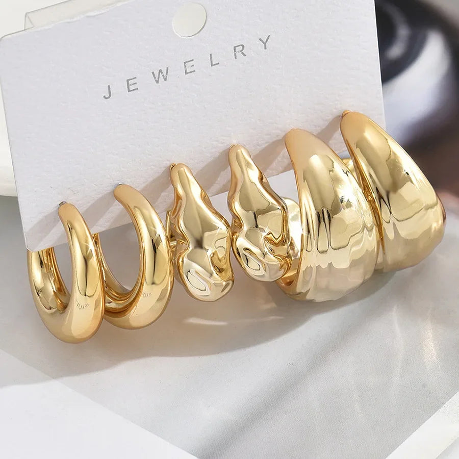 6Pcs Vintage Classic Geometry Glossy Gold Plated C Shape Hoop Earrings