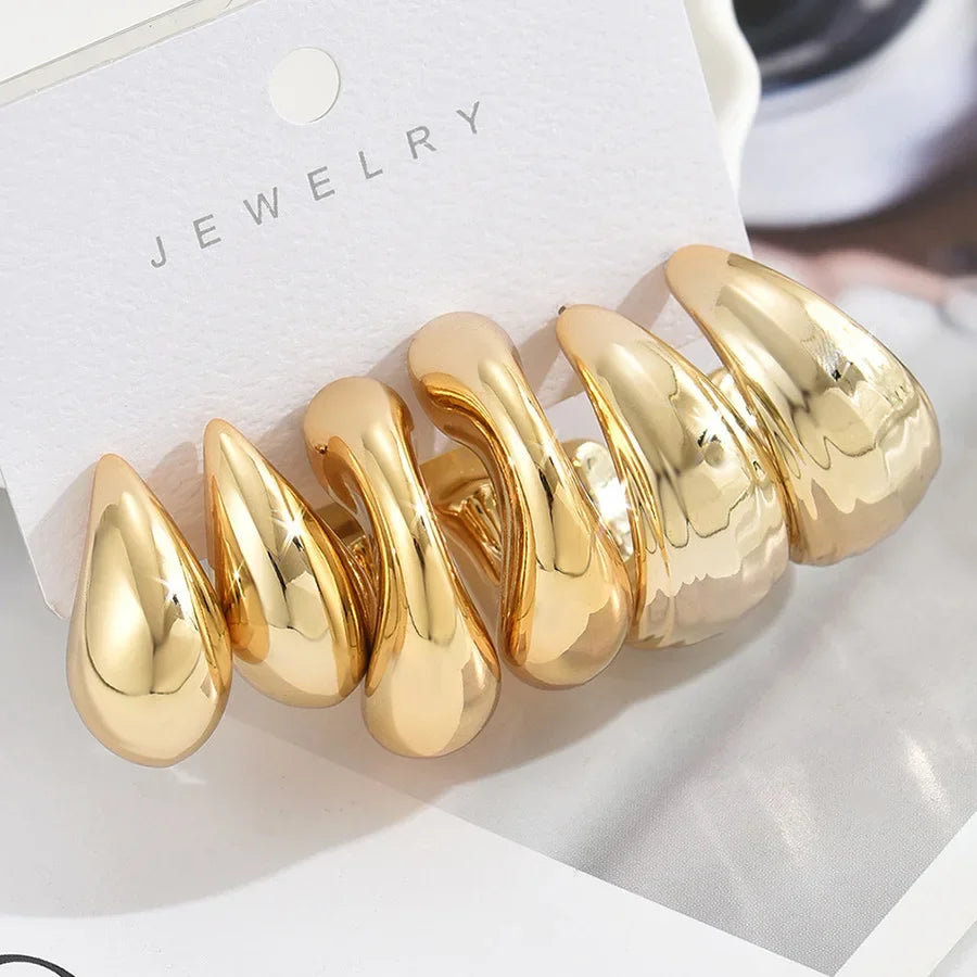 6Pcs Vintage Classic Geometry Glossy Gold Plated C Shape Hoop Earrings